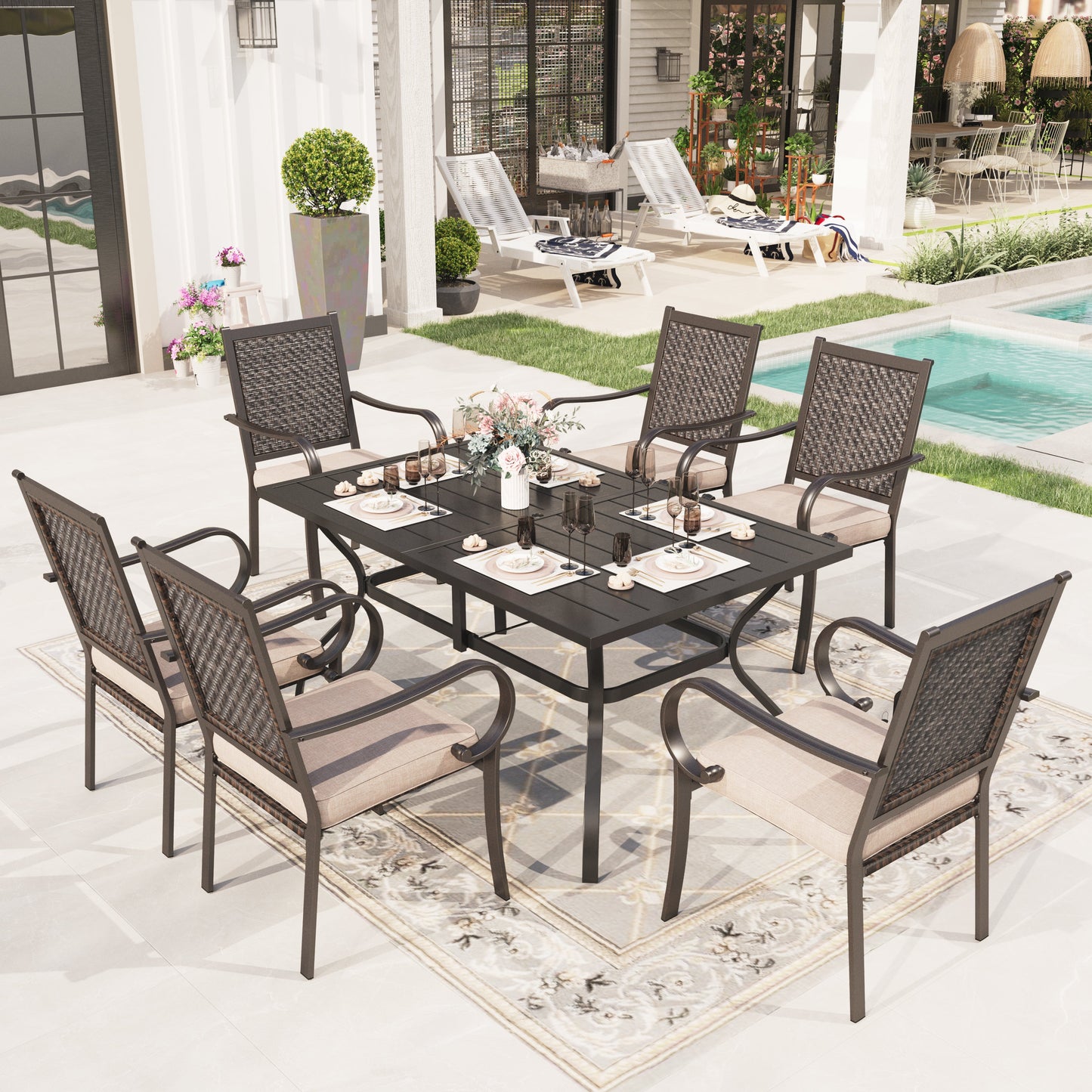Sophia & William 7 Pieces Patio Dining Table and Chairs Set Outdoor Rattan Dining Chairs with Cushions and Rectangle Metal Table for 6 person