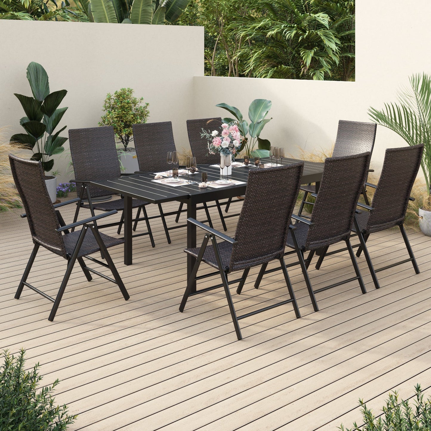 Sophia & William 9 Pieces Outdoor Patio Dining Set Foldable Adjustable PE Rattan Patio Dining Chairs and Metal Dining Table