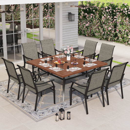 9 Pieces Outdoor Patio Dining Set with 8Pcs Textilene Chairs & 1Pc Teak-color Metal Table for 8