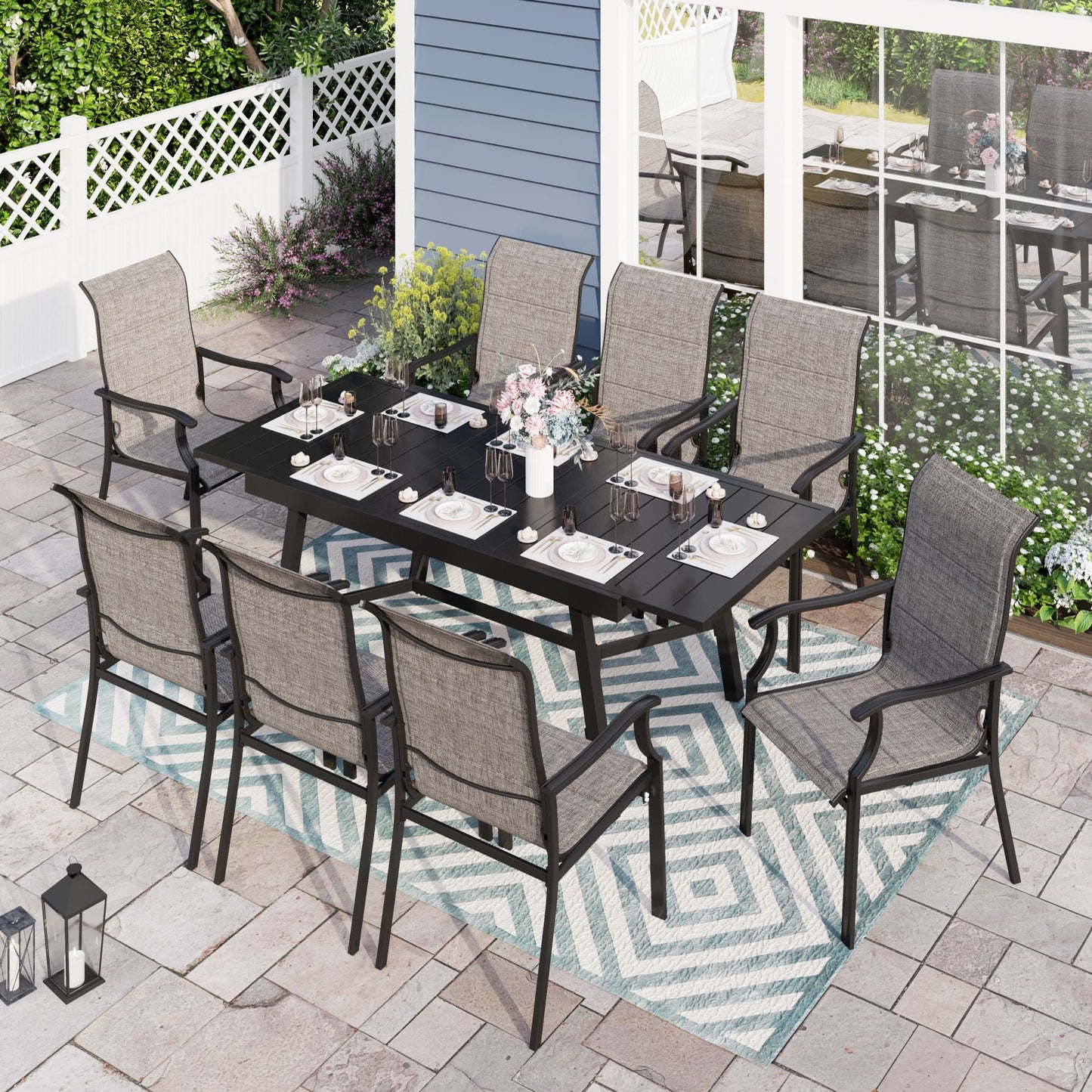 Sophia & William 9 Pieces Metal Outdoor Patio Dining Set with Gray Padded Textilene Chairs and Black Extendable Table