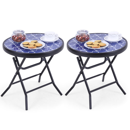Sophia & William 2 Piece 18 inch Patio Round Folding Side Table Small Portable Bistro Coffee Table Tempered Glass Top