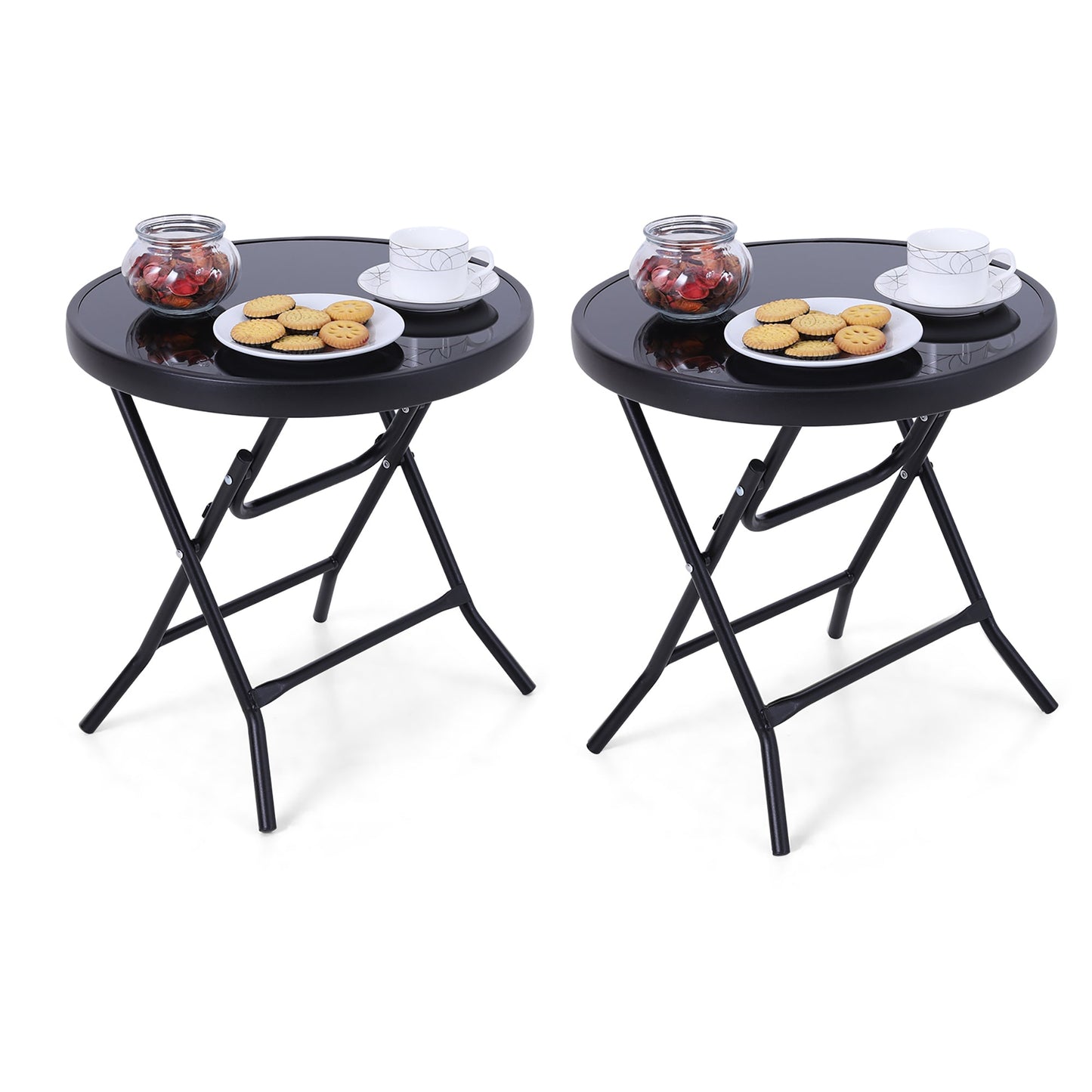 Sophia & William 2 Piece 18 inch Patio Round Folding Side Table Small Portable Bistro Coffee Table Tempered Glass Top Black