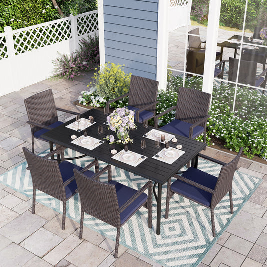Sophia & William Patio Rattan Dining Set Metal Table with Chairs, Blue Cushion