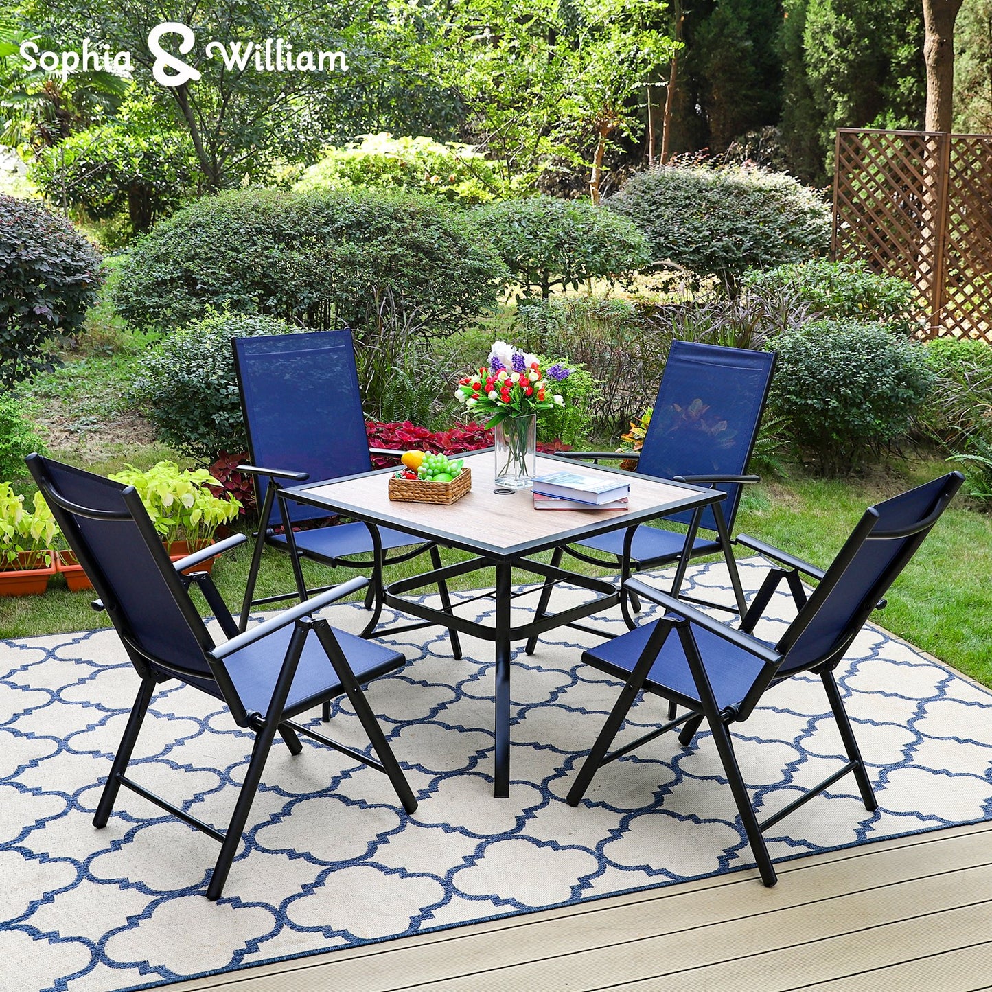 Sophia&William 5Pcs Patio Dining Set Metal Table and Chairs Set for 4 People - Blue