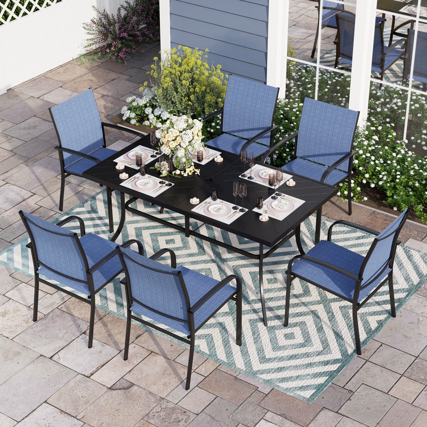 Sophia & William 7 Piece Patio Metal Dining Set Rectangular Table and 6 Blue Textilene Chairs