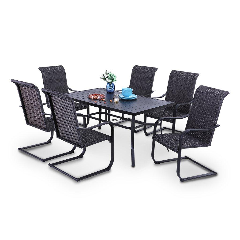 Sophia & William 7 PCS Patio Dinning Set with Panel Steel Table and 6 Rattan C-spring Chairs
