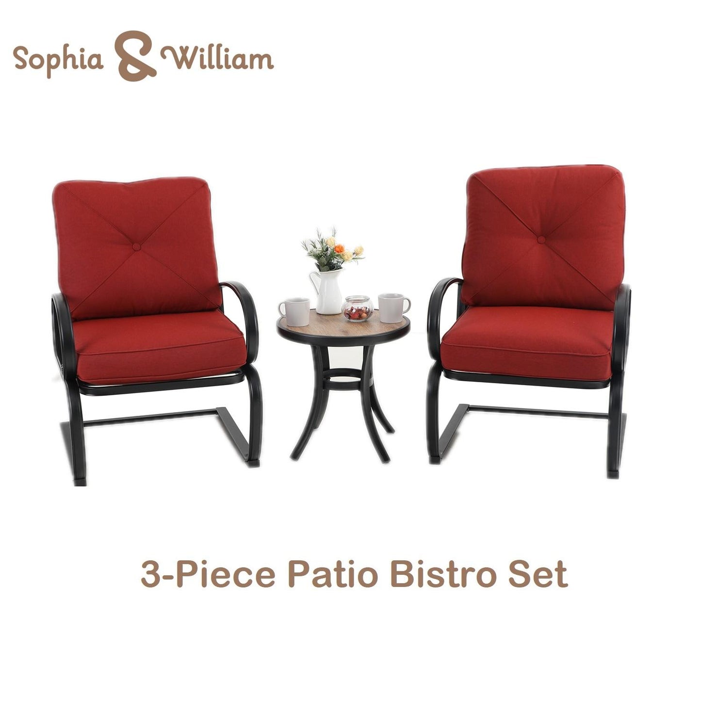 Sophia&William 3-Piece Outdoor Bistro Set Patio C-Spring Chairs and Table Set,Red