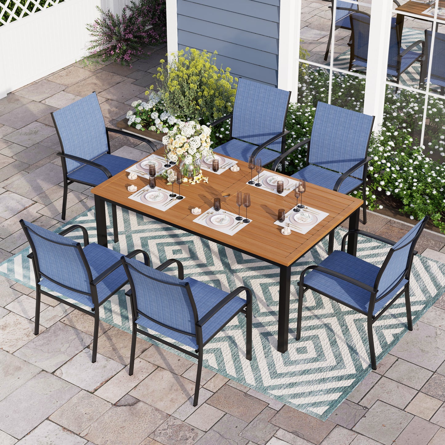 Sophia & William 7 Piece Patio Dining Set Teak Dining Table and 6 Blue Textilene Chairs