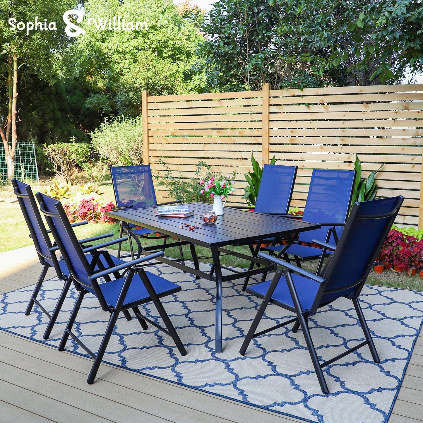 Sophia&William 7Pcs Patio Dining Set Metal Table and Chairs Set for 6 People - Blue