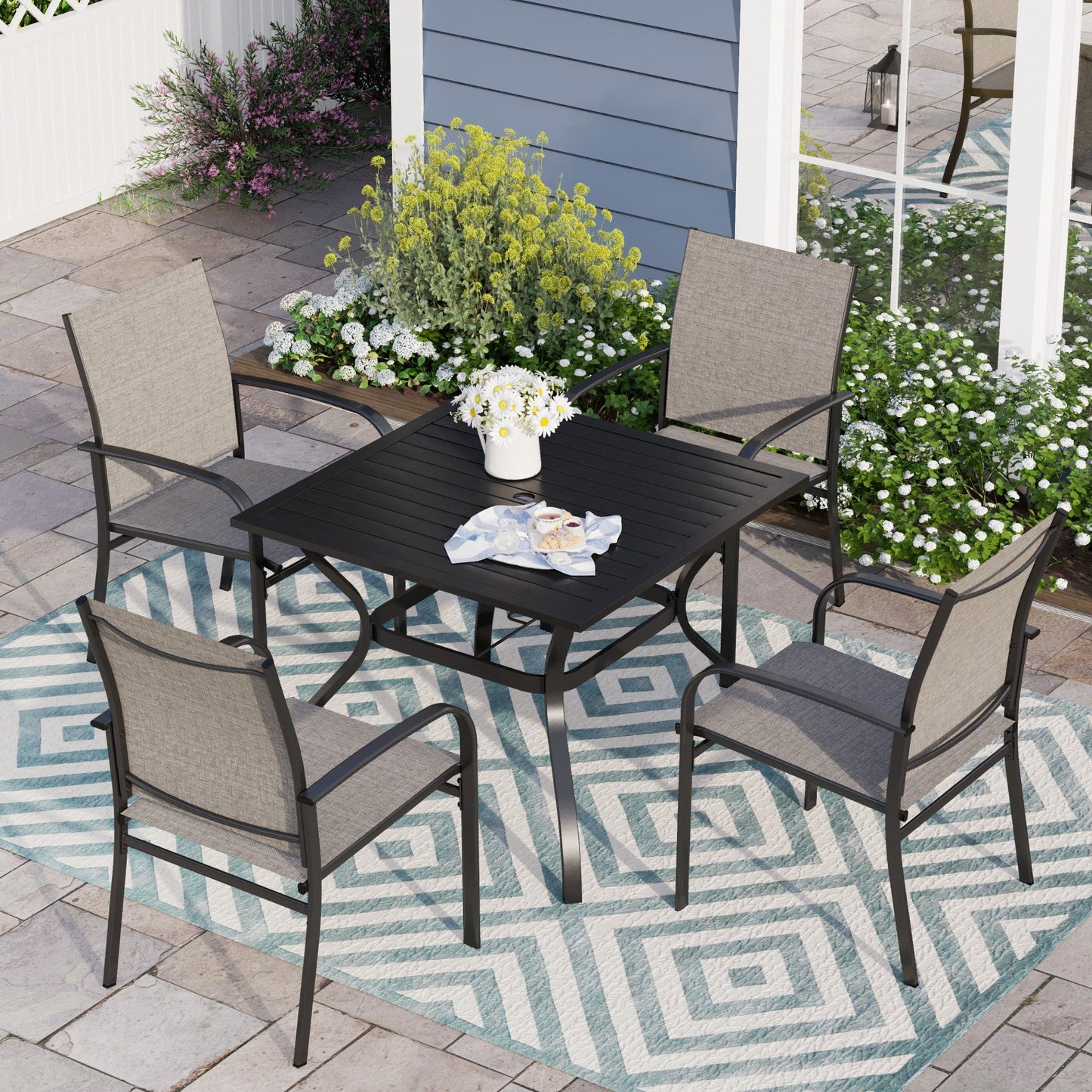 Sophia & William 5 Piece Patio Metal Dining Set Square Table and 4 Brown Textilene Chairs