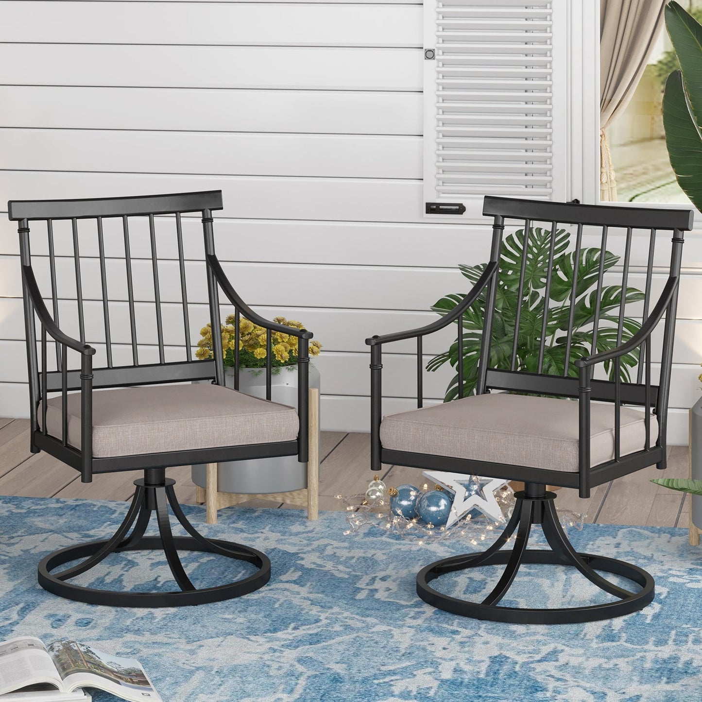 Sophia & William 2Pcs Swivel Patio Dining Chairs - Black & Beige