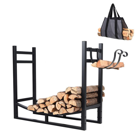 Sophia & William Garden Steel Firewood Log Rack with Kindling Holder - Black