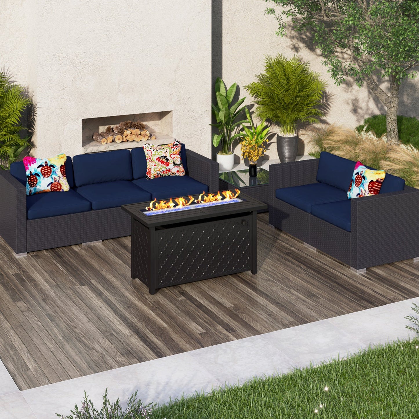 Sophia & William 7 Pcs Rattan Patio Conversation Set Outdoor Sectionals with Fire Pit Table - Navy Blue