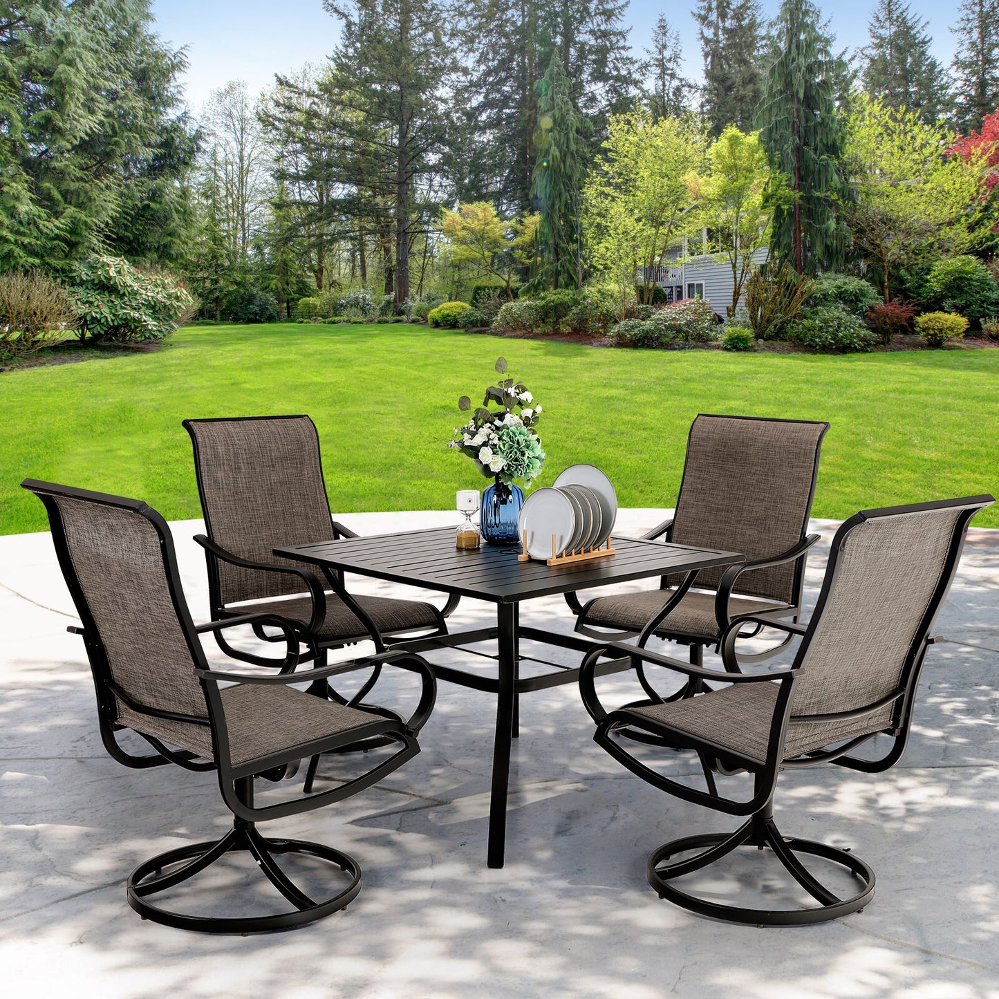 Sophia & William 5 Piece Metal Outdoor Patio Dining Bistro Set Outdoor Furniture Set with 1 Steel Square Table & 4 Text Ilene Swivel Chairs, Black