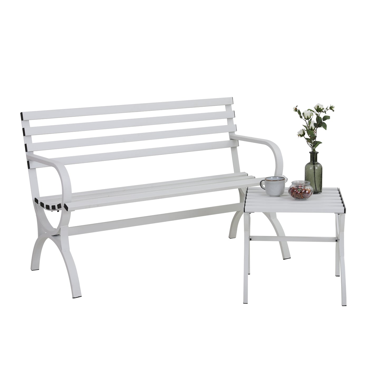 Sophia & William 2 Pieces Metal Outdoor Garden Bench with Side Table - White
