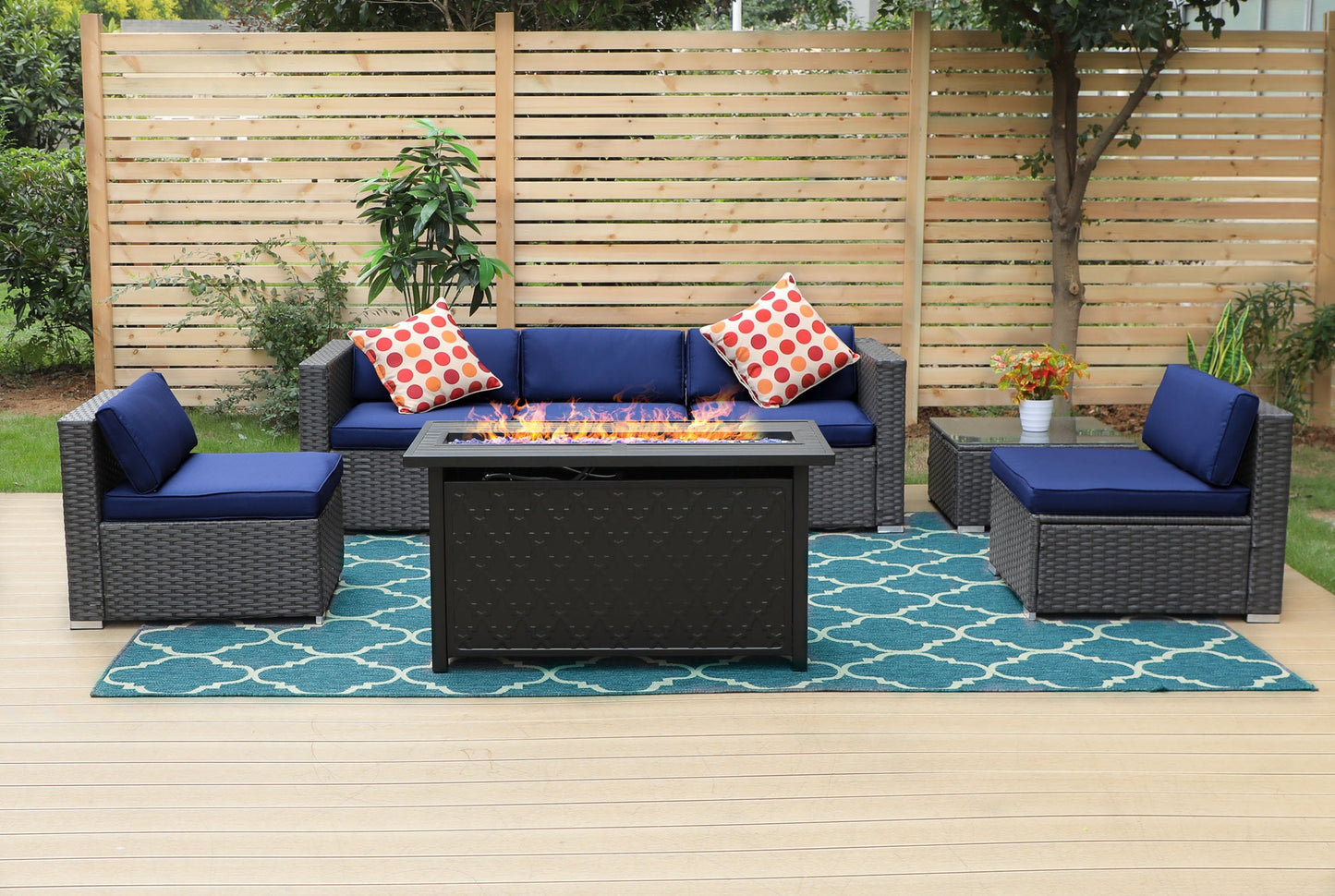 Sophia & William 7 Pcs Rattan Patio Conversation Set Outdoor Sectionals with Fire Pit Table - Navy Blue