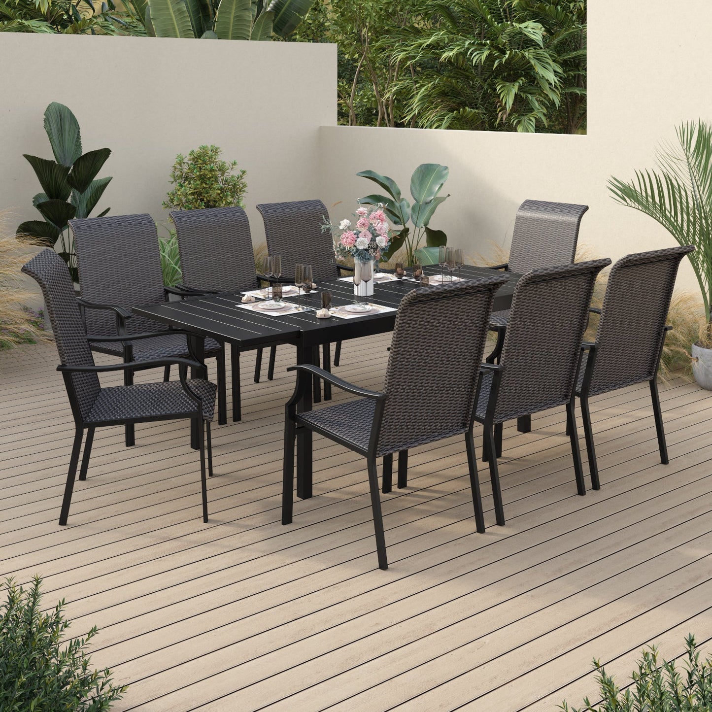 Sophia & William 9 Pieces Outdoor Patio Dining Set High Back Dining Chairs and Metal Dining Table with Umbrella Hole