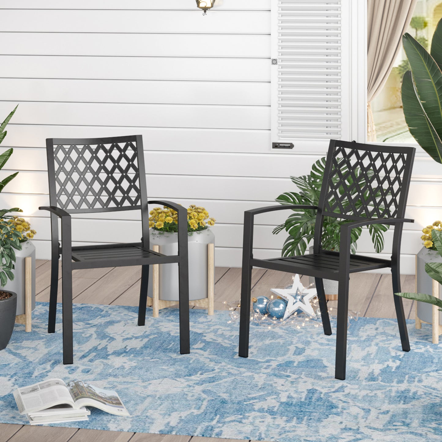 Sophia & William 2PCS Outdoor Patio Wrought Iron Arm Dining Chairs, Black