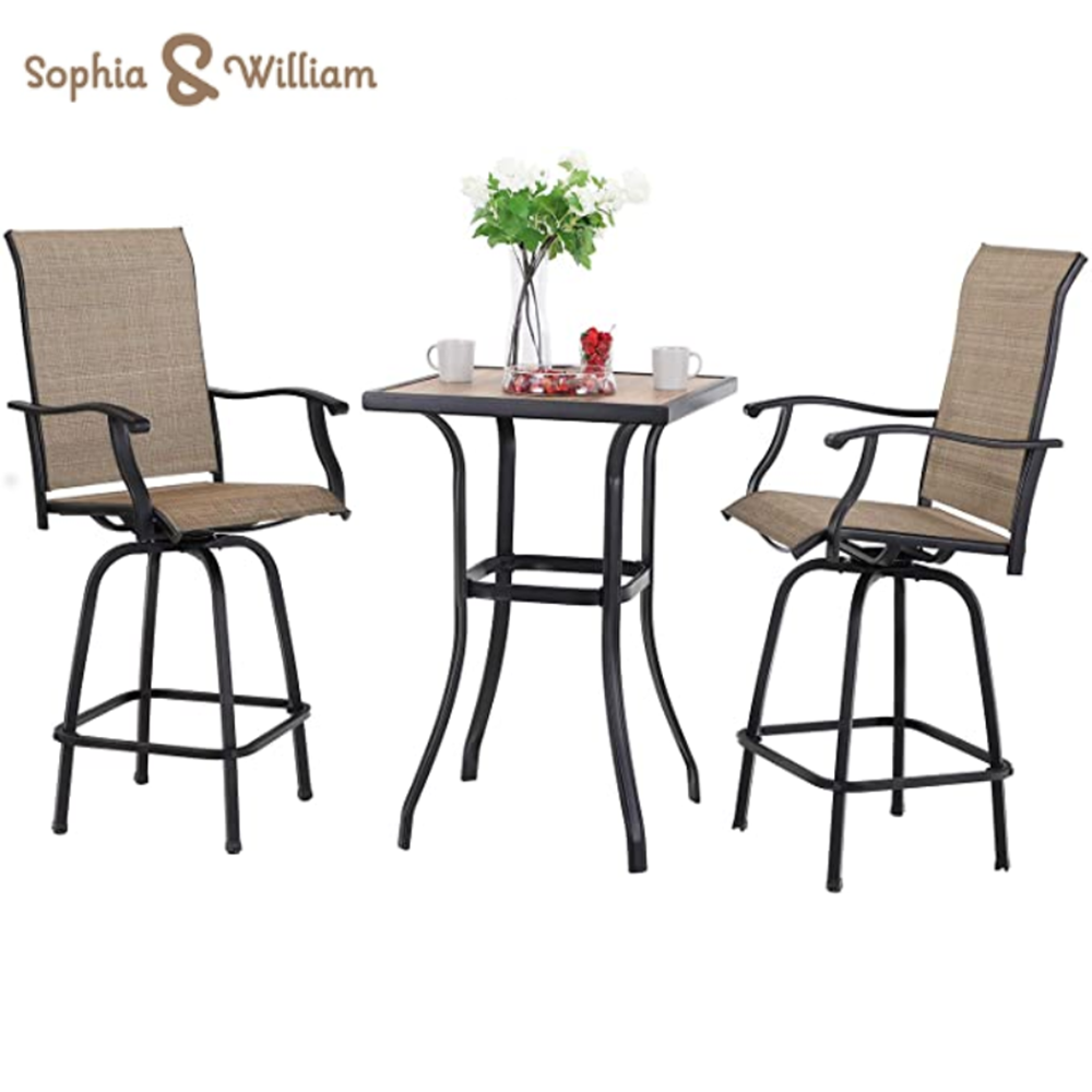 Sophia & William 3 Pieces Outdoor Metal Bar Stools and Table Set, Brown
