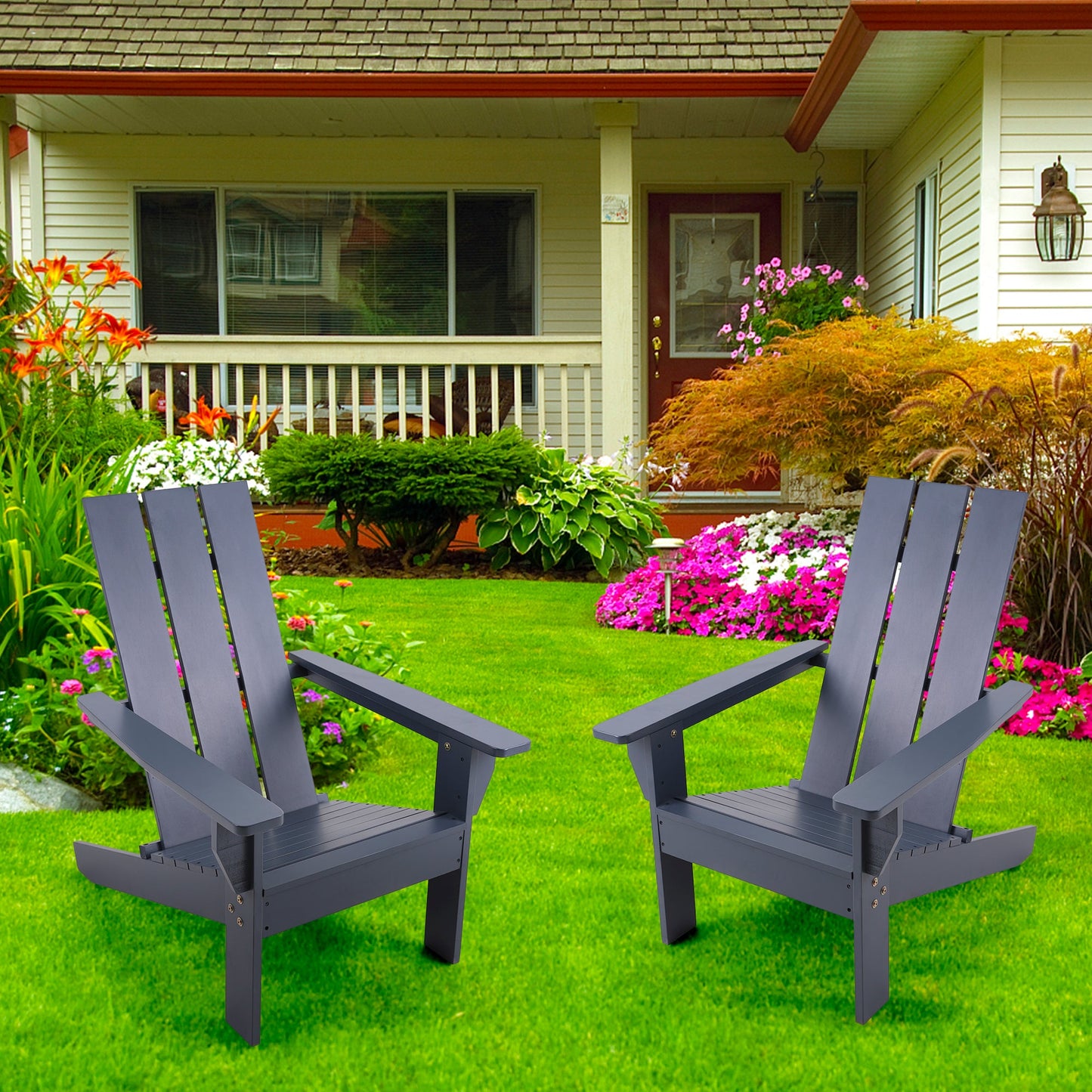 Sophia & William 2 Piece Grey Patio Wooden Adirondack Chair Lounge Chair for Garden Beach Balcony Backyard Lawn