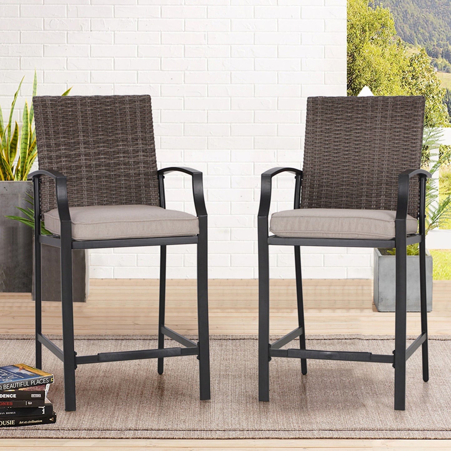 Sophia & William Patio Wicker Rattan Bar Stools Set of 2 with Cushions - Brown