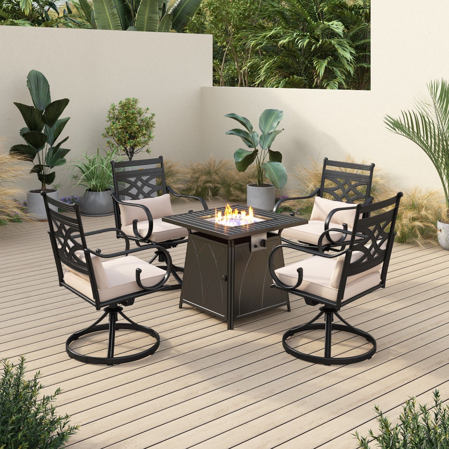 Sophia&William 5-Piece Outdoor Fire Pit Table Set Cushioned Swivel Chairs Dining Set